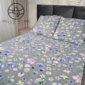 KOMPLET POŚCIELI Z KORY KOŁDRA 220×200 PODUSZKA 2X70X80 KWIATY SZARE KORA BAWEŁNIANA PRODUCENT