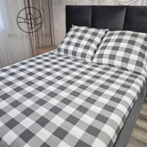 KOMPLET POŚCIELI Z KORY KOŁDRA 180×200 PODUSZKA 2X70X80 KRATA SZARA KORA BAWEŁNIANA PRODUCENT