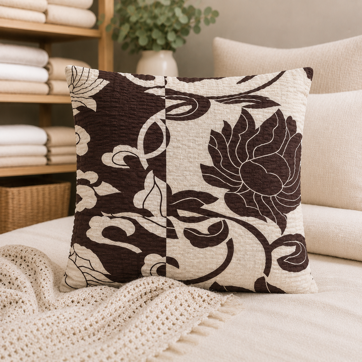 POSZEWKA Z KORY NA PODUSZKĘ JASIEK 40X40 KWIATY BRĄZ BAWEŁNA 100% PRODUCENT