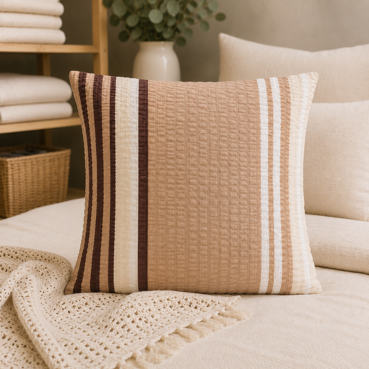 POSZEWKA Z KORY NA PODUSZKĘ JASIEK 40X40 PASKI BRĄZ BAWEŁNA 100% PRODUCENT