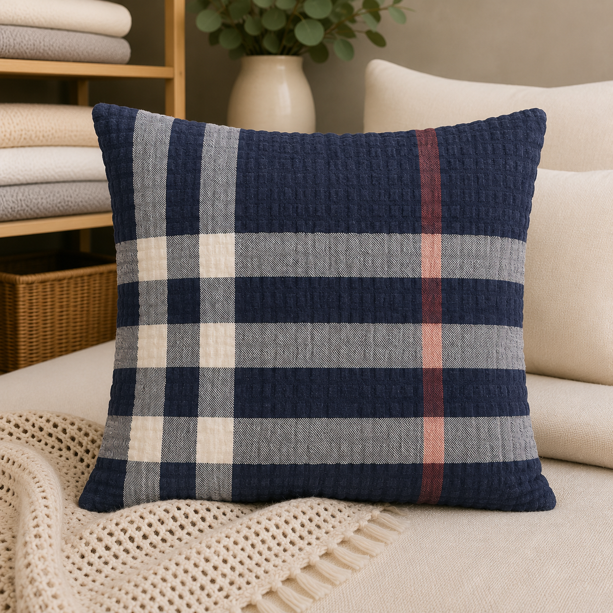 POSZEWKA Z KORY NA PODUSZKĘ JASIEK 40X40 KRATA GRANAT BAWEŁNA 100% PRODUCENT