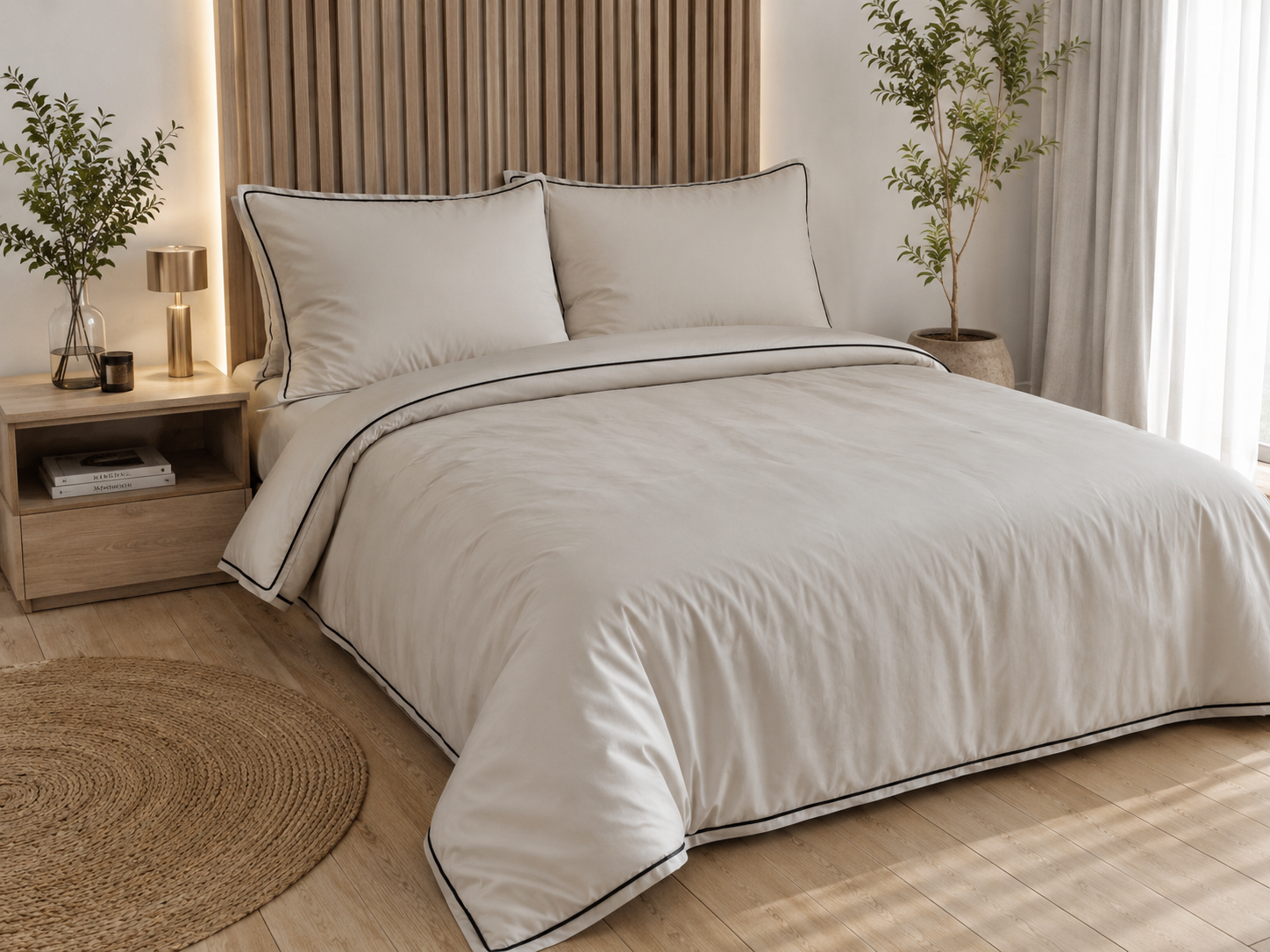 KOMPLET EKSKLUZYWNEJ POŚCIELI Z SATYNY BAWEŁNIANEJ 240X220 + 2X PODUSZKA 70X80 + 2X PODUSZKA 40X40 SATYNA SZARA Z CZARNĄ WYPUSTKĄ LUX 100% BAWEŁNA