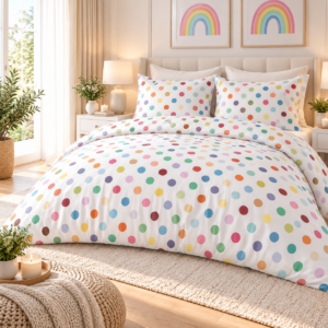 KOMPLET POŚCIEL FLANELOWA KOŁDRA 220×200 PODUSZKA 2X70X80 FLANELA TĘCZOWE KÓŁKA BAWEŁNIANA PRODUCENT