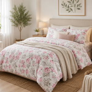 KOMPLET POŚCIELI Z KORY KOŁDRA 160×200 2X PODUSZKA 70X80 PUDROWE PEONIE GUZIK KORA BAWEŁNIANA PRODUCENT