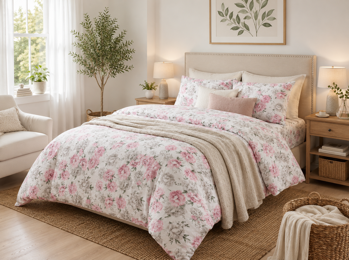 KOMPLET POŚCIELI Z KORY KOŁDRA 160×200 2X PODUSZKA 70X80 PUDROWE PEONIE GUZIK KORA BAWEŁNIANA PRODUCENT