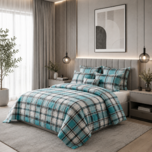 KOMPLET POŚCIELI Z KORY KOŁDRA 160×200 2X PODUSZKA 70X80 W KRATĘ TURKUSOWO SZARĄ GUZIK KORA BAWEŁNIANA PRODUCENT