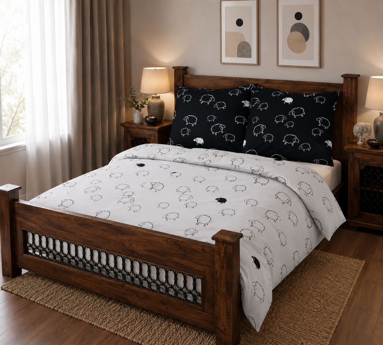 KOMPLET POŚCIELI SATYNA BAWEŁNA KOŁDRA 220×200 PODUSZKA 2X 70X80 BARANKI (PRZEWAGA BIAŁEGO) ZAMEK SATYNA BAWEŁNIANA PRODUCENT