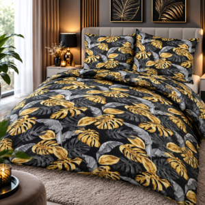 KOMPLET POŚCIELI BAWEŁNA KOŁDRA 160×200 PODUSZKA 2X 70X80 MONSTERA ZŁOTA ZAMEK BAWEŁNIANA PRODUCENT
