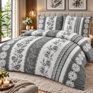 KOMPLET POŚCIELI Z KORY KOŁDRA 220×200 PODUSZKA 2X 70X80 KORA BAWEŁNIANA 1041 SZARA PRODUCENT