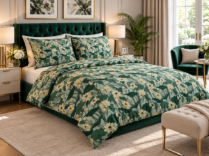 POŚCIEL BAWEŁNIANA DELUX 160x200 + POSZEWKA 2x70x80 NA ZAMEK LILIE WODNE VINTAGE MIĘTOWO-ZIELONE 100% BAWEŁNA PRODUCENT